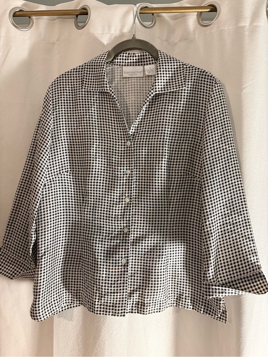 Worthington Tops - Preppy Academia Old Money Black and White Gingham Silk Blouse